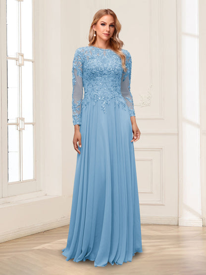 A-Line/Princess Scoop Long Sleeves Floor-Length Mother of the Bride Dresses with Lace & Beading
