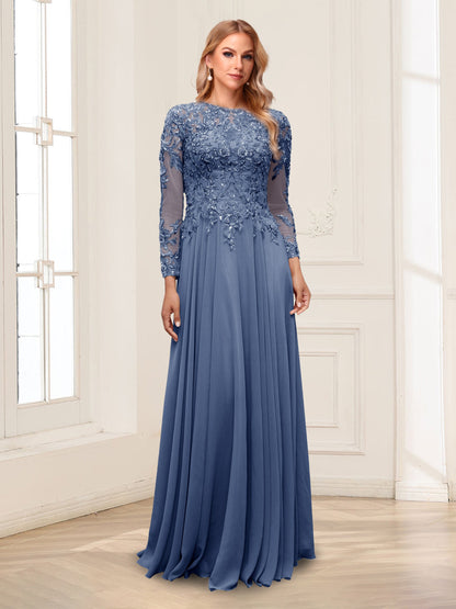 A-Line/Princess Scoop Long Sleeves Floor-Length Mother of the Bride Dresses with Lace & Beading