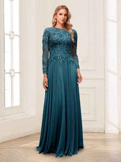 A-Line/Princess Scoop Long Sleeves Floor-Length Mother of the Bride Dresses with Lace & Beading