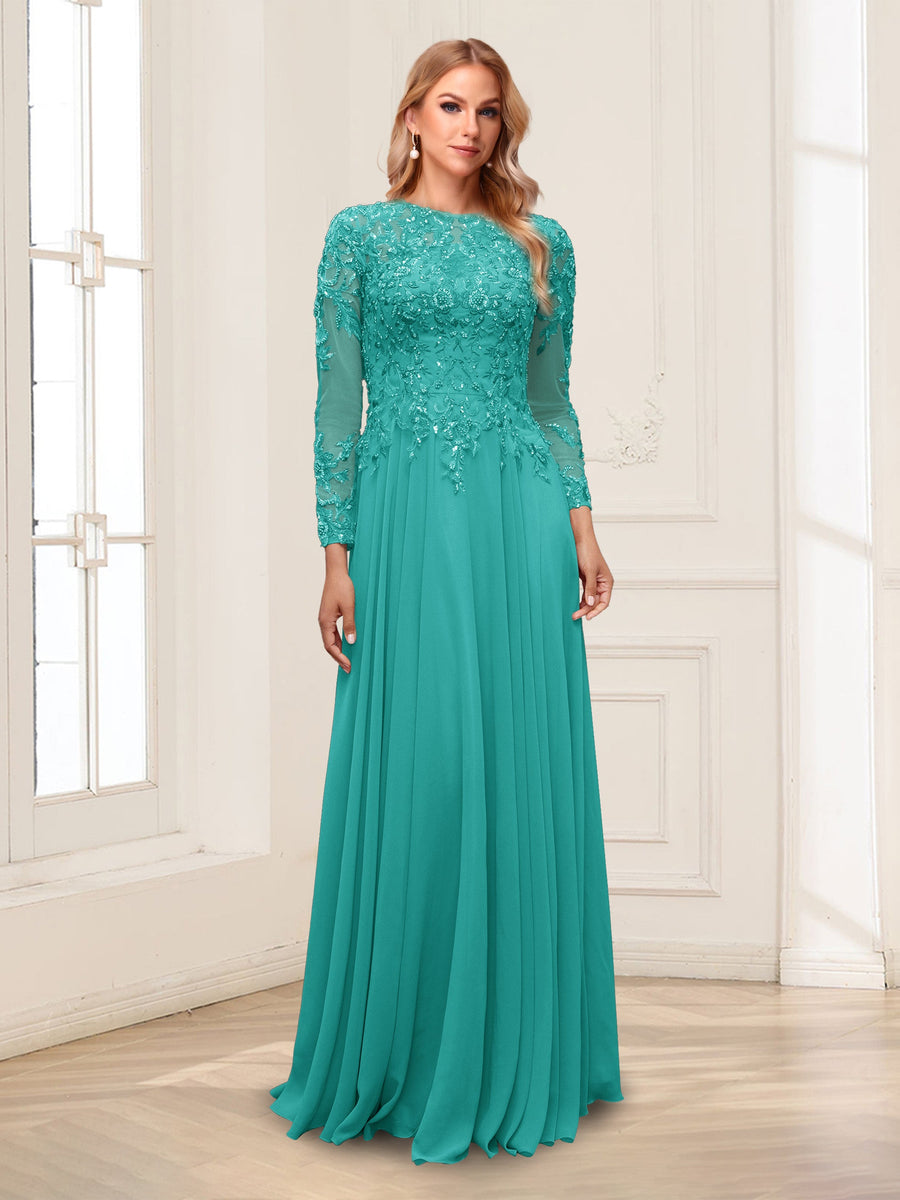 A-Line/Princess Scoop Long Sleeves Floor-Length Mother of the Bride Dresses with Lace & Beading