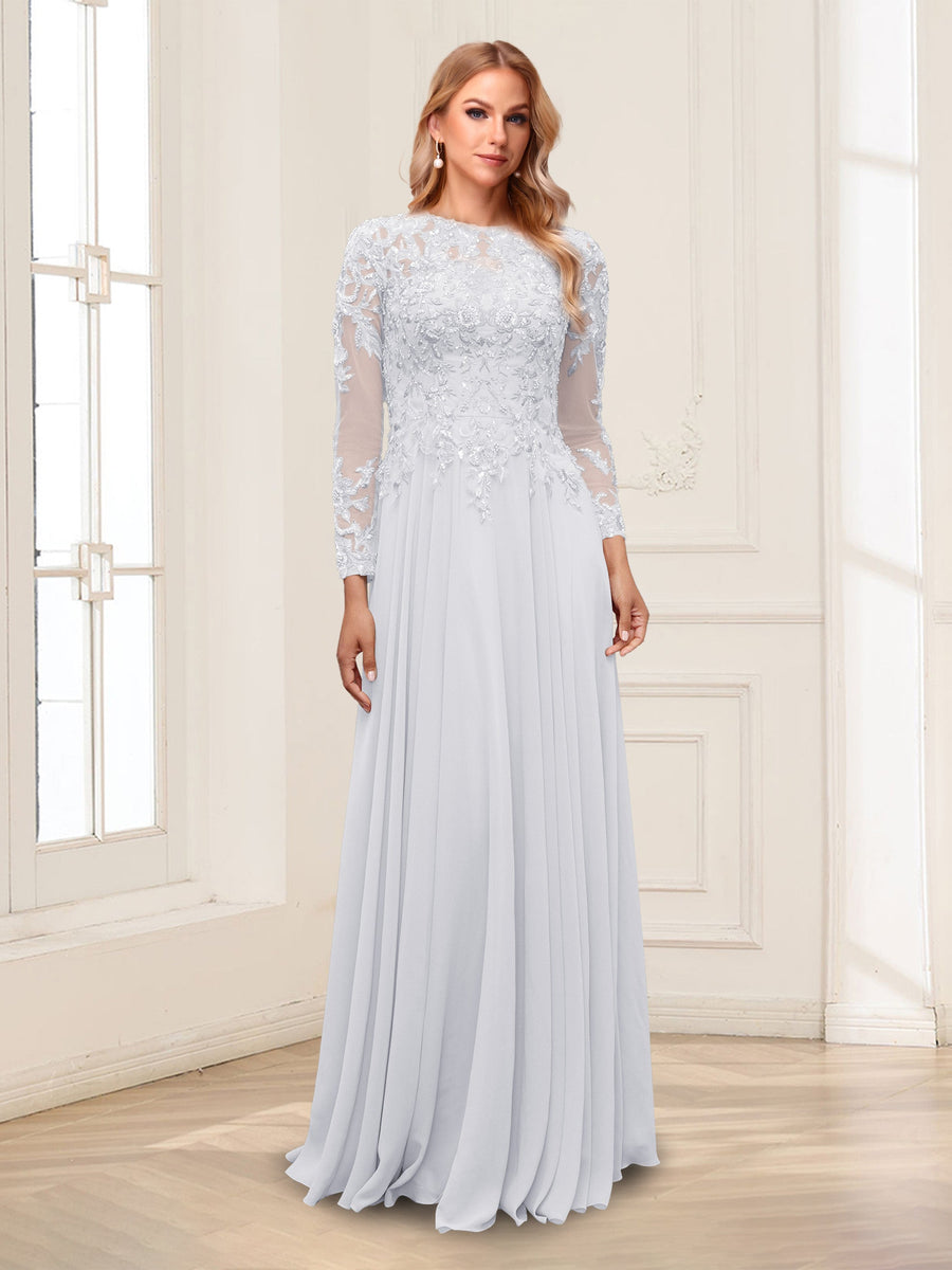 A-Line/Princess Scoop Long Sleeves Floor-Length Mother of the Bride Dresses with Lace & Beading