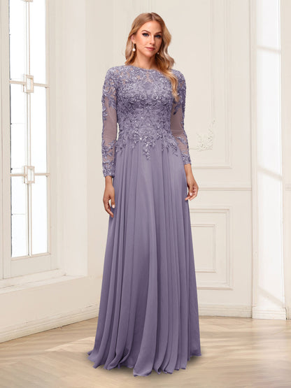 A-Line/Princess Scoop Long Sleeves Floor-Length Mother of the Bride Dresses with Lace & Beading