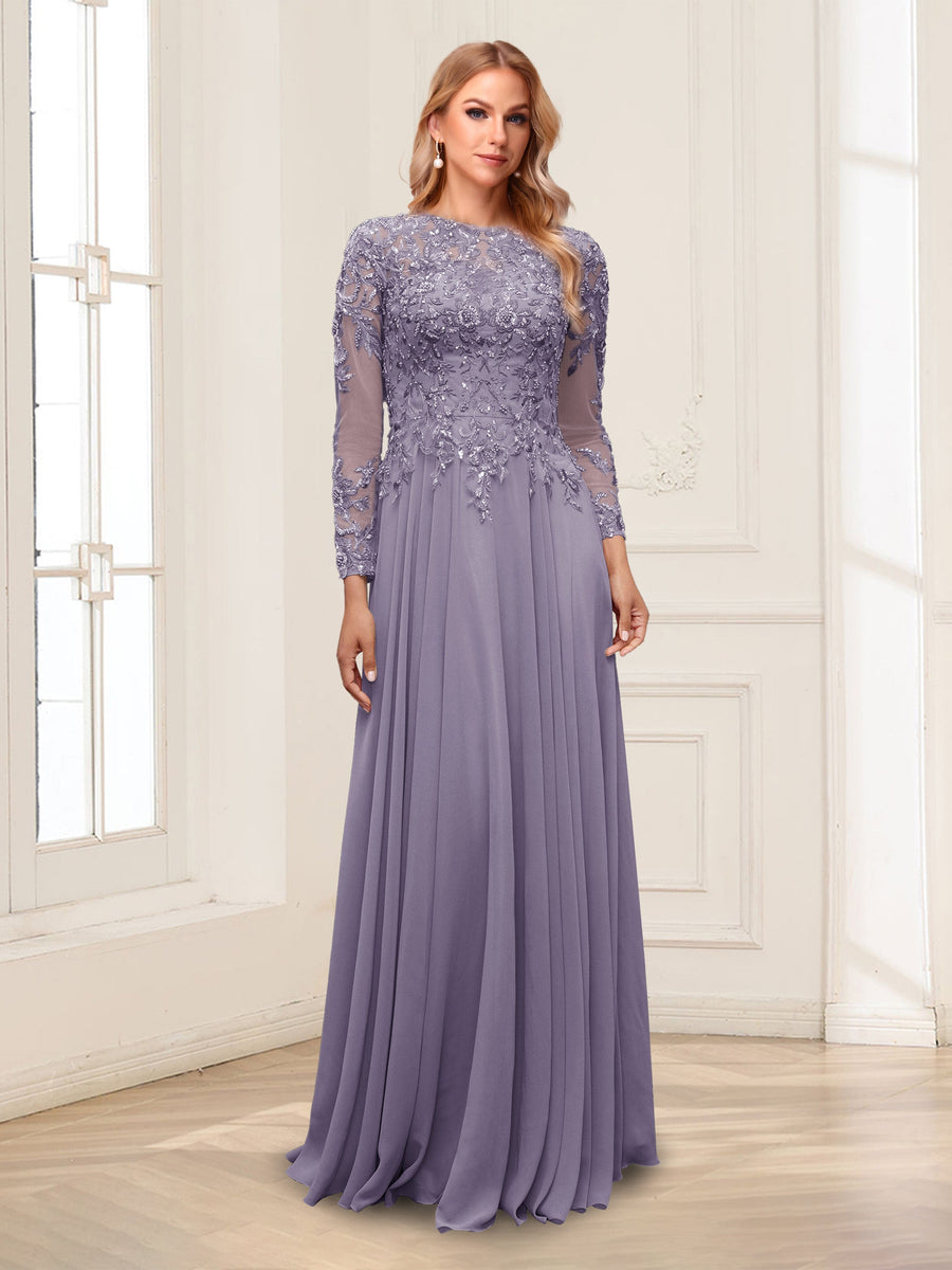 A-Line/Princess Scoop Long Sleeves Floor-Length Mother of the Bride Dresses with Lace & Beading