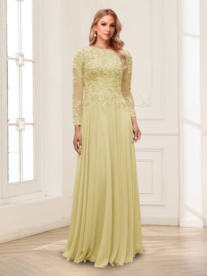 A-Line/Princess Scoop Long Sleeves Floor-Length Mother of the Bride Dresses with Lace & Beading