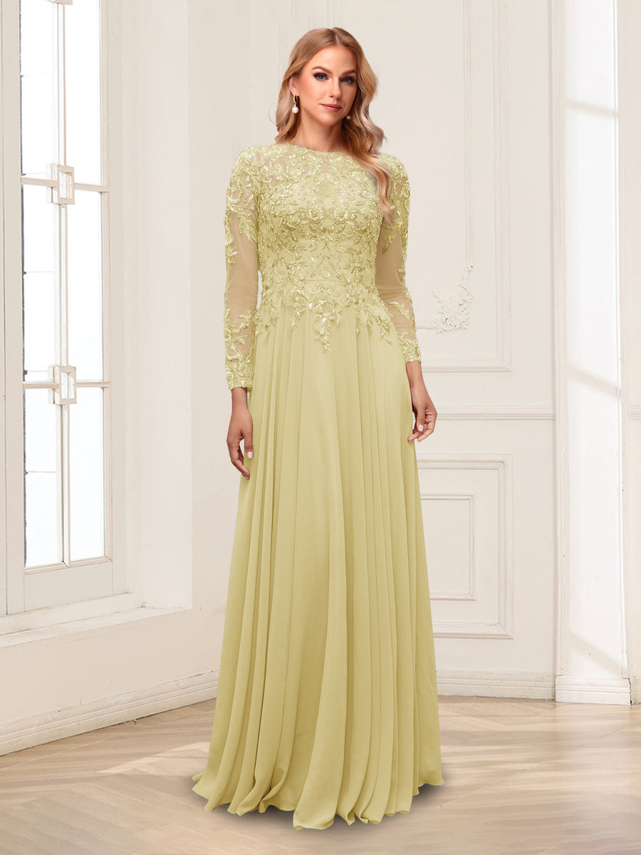 A-Line/Princess Scoop Long Sleeves Floor-Length Mother of the Bride Dresses with Lace & Beading