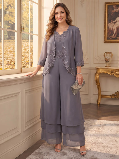 Jumpsuits V-Neck 3/4 Sleeves Chiffon Ankle-Length Plus Size Mother of the Bride Dresses with Lace