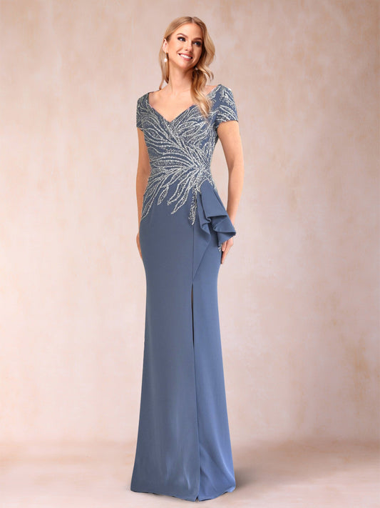 Sheath/Column V-Neck Floor-Length Short Sleeves Mother of the Bride Dresses with Sequins & Split Side