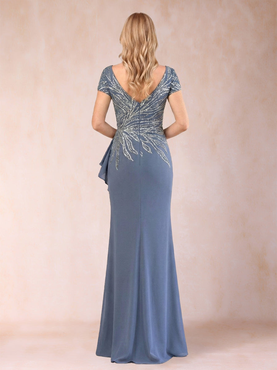 Sheath/Column V-Neck Floor-Length Short Sleeves Mother of the Bride Dresses with Sequins & Split Side