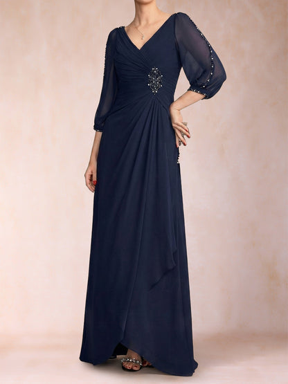 A-Line/Princess V-Neck 3/4 Sleeves Floor-Length Mother of the Bride Dresses with Ruched & Beading