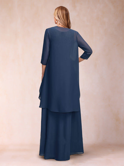 A-Line/Princess Scoop 3/4 Sleeves Floor-Length two pieces Mother of the Bride Dress With Sequins & Sash