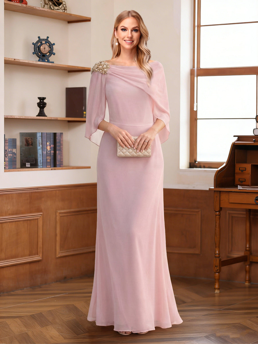 Sheath/Column Scoop Half Sleeves Floor-Length Mother of the Bride Dresses with Rhinestone