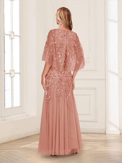A-Line/Princess Scoop Half Sleeves Floor-Length Mother of the Bride Dresses with Beading&Sequins