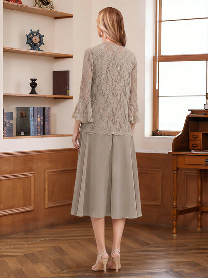A-Line/Princess Scoop Sleeveless Tea-Length Mother of the Bride Dresses with Lace & Jacket