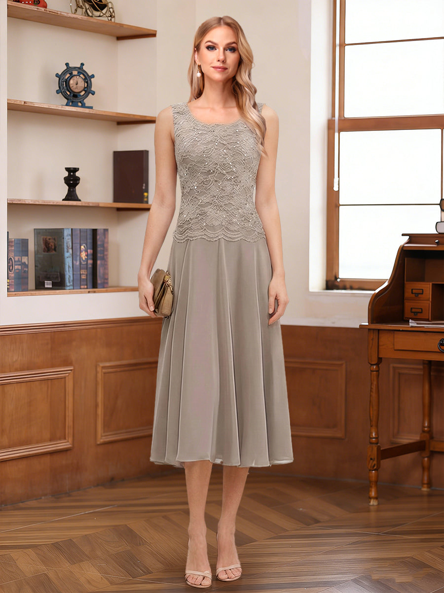 A-Line/Princess Scoop Sleeveless Tea-Length Mother of the Bride Dresses with Lace & Jacket