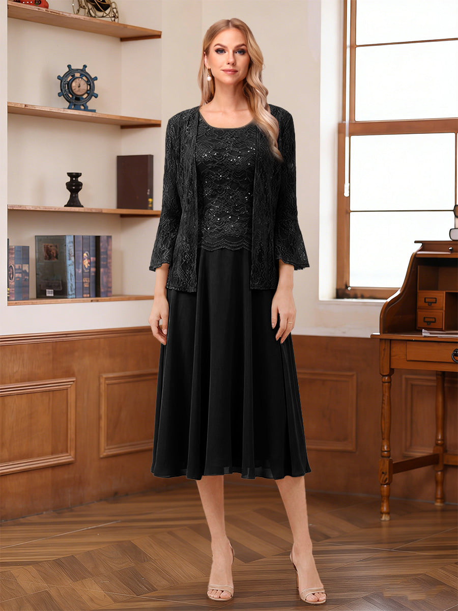 A-Line/Princess Scoop Sleeveless Tea-Length Mother of the Bride Dresses with Lace & Jacket