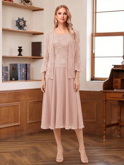 A-Line/Princess Scoop Sleeveless Tea-Length Mother of the Bride Dresses with Lace & Jacket