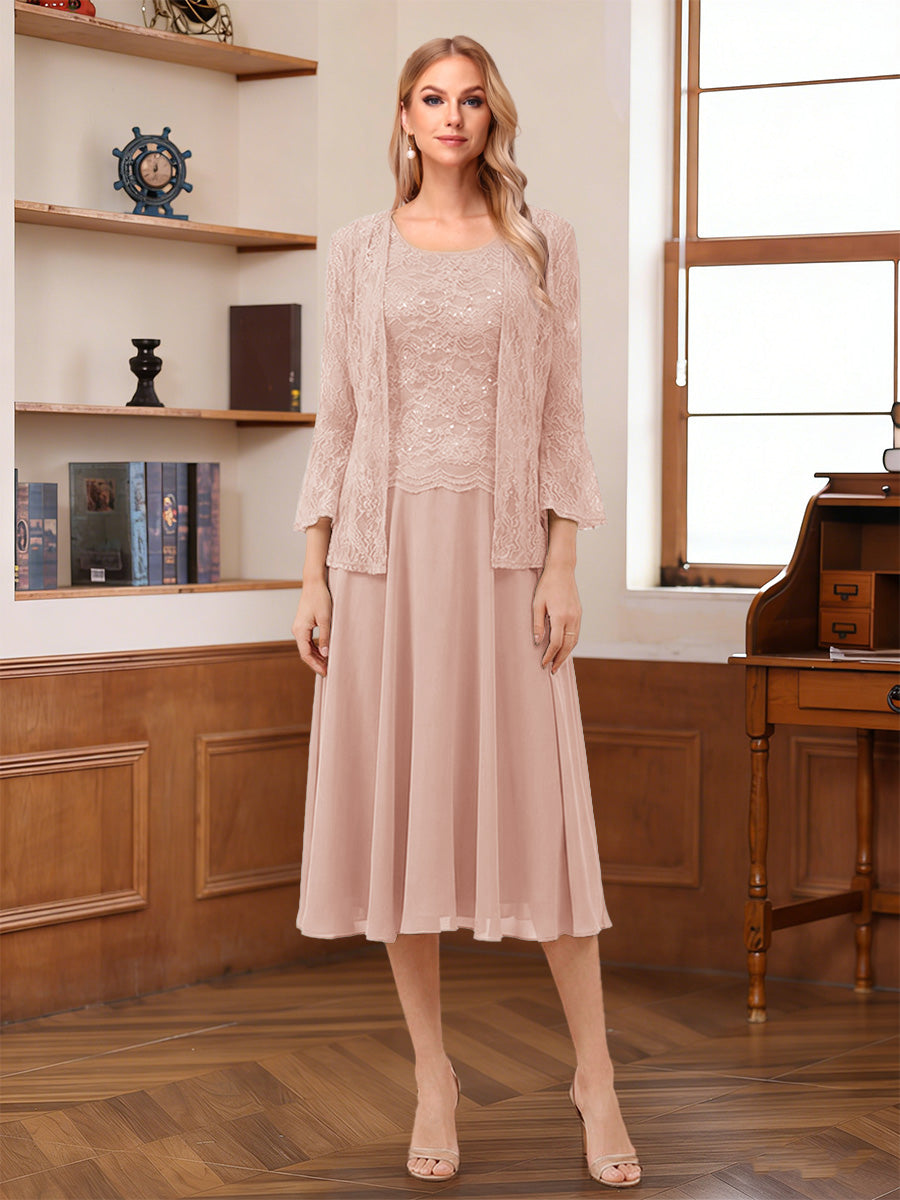 A-Line/Princess Scoop Sleeveless Tea-Length Mother of the Bride Dresses with Lace & Jacket