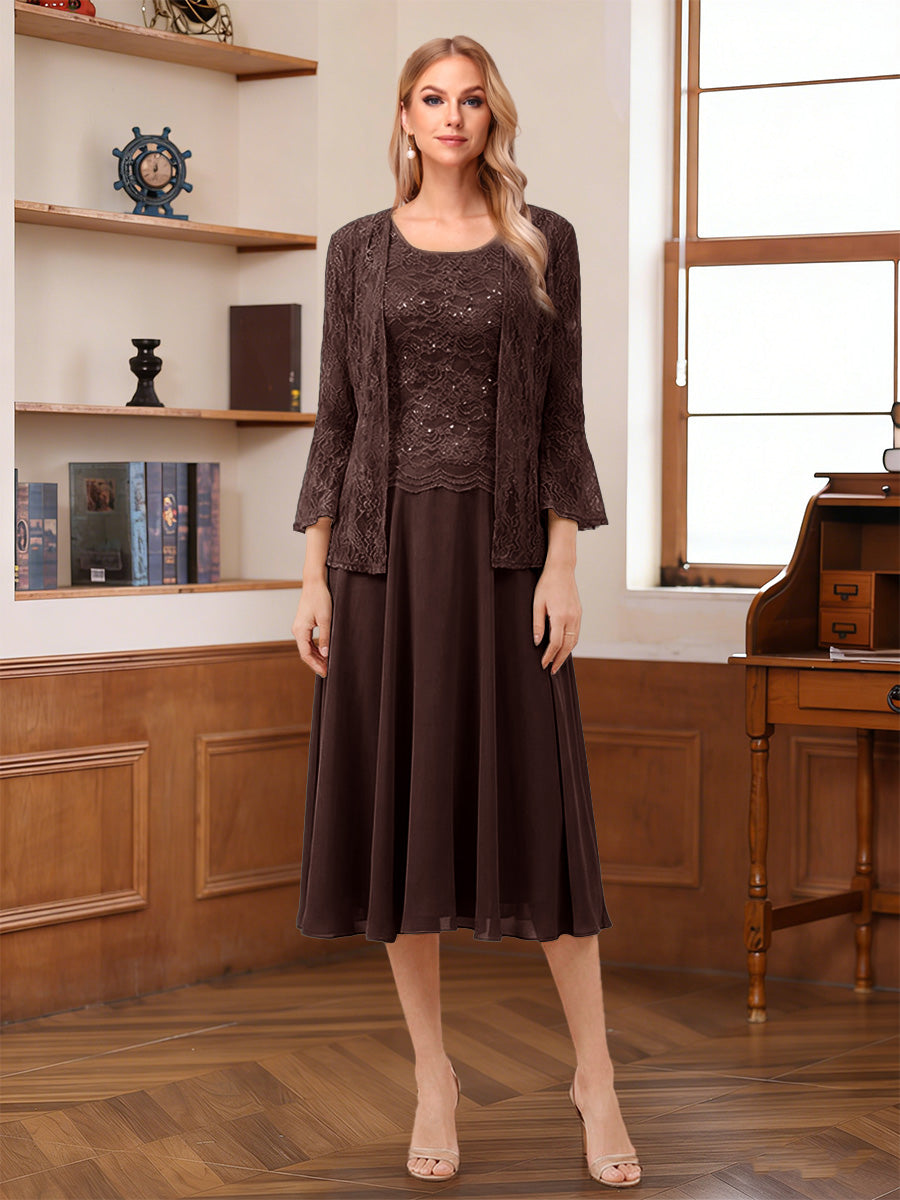 A-Line/Princess Scoop Sleeveless Tea-Length Mother of the Bride Dresses with Lace & Jacket