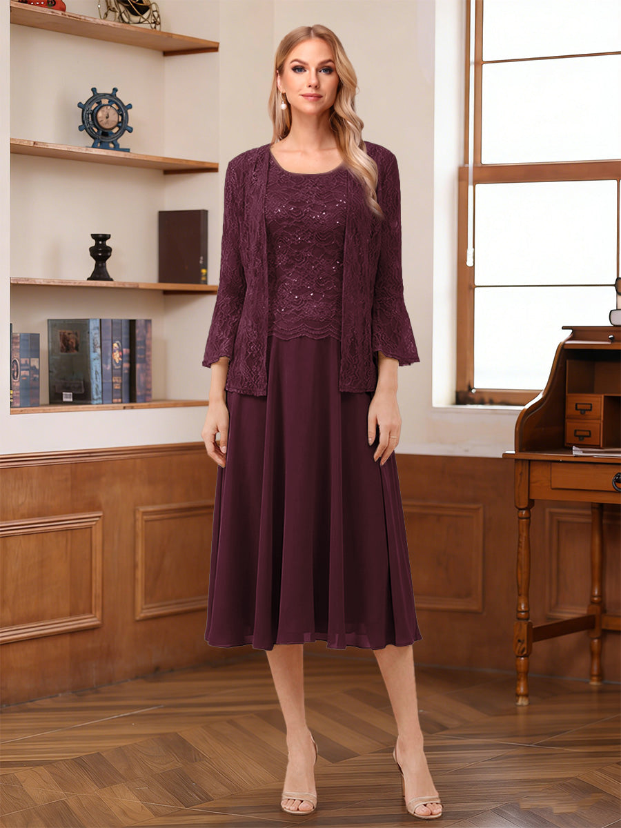 A-Line/Princess Scoop Sleeveless Tea-Length Mother of the Bride Dresses with Lace & Jacket