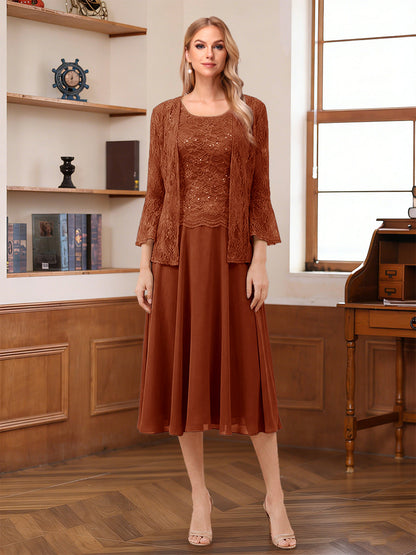 A-Line/Princess Scoop Sleeveless Tea-Length Mother of the Bride Dresses with Lace & Jacket