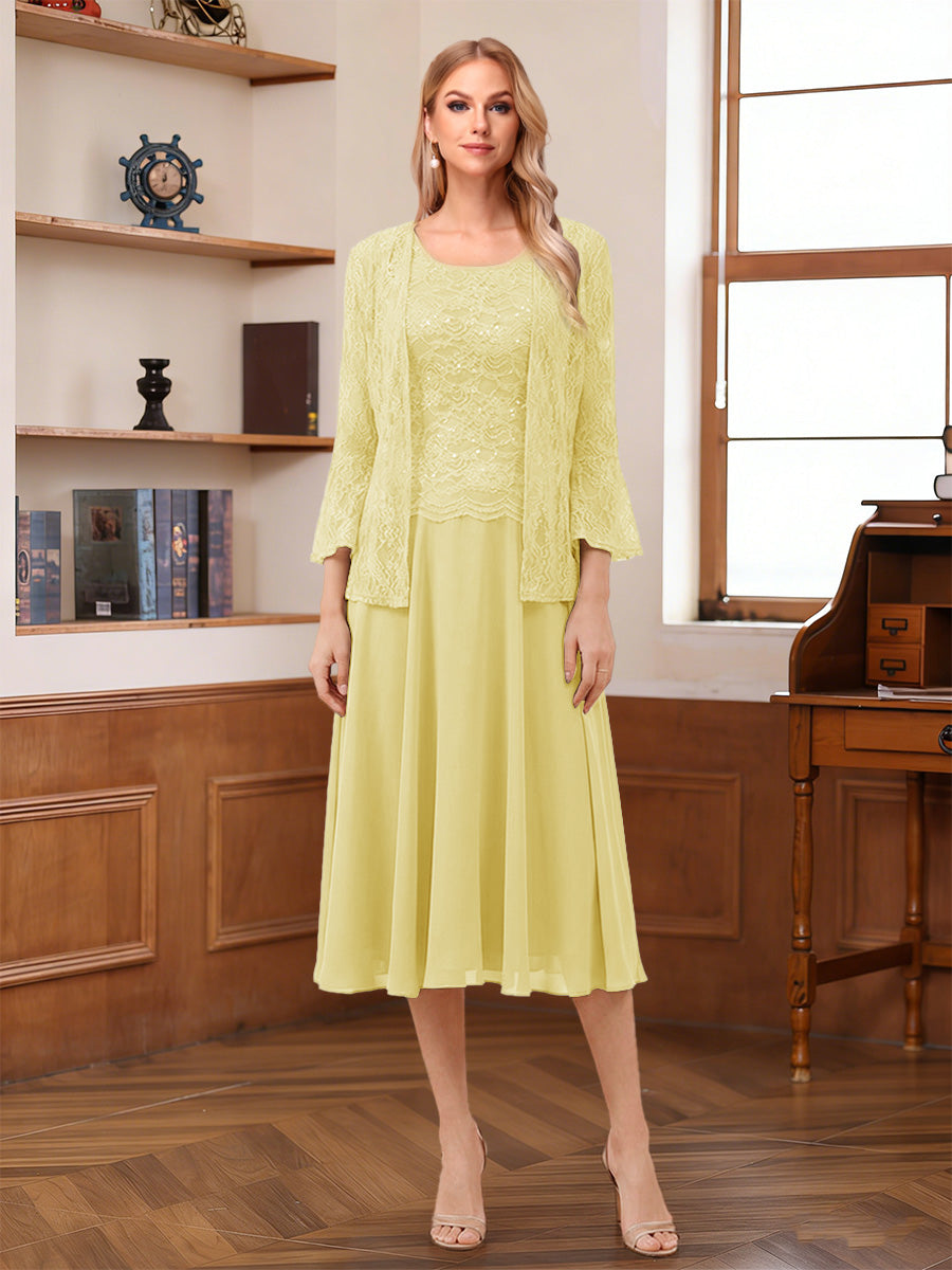 A-Line/Princess Scoop Sleeveless Tea-Length Mother of the Bride Dresses with Lace & Jacket