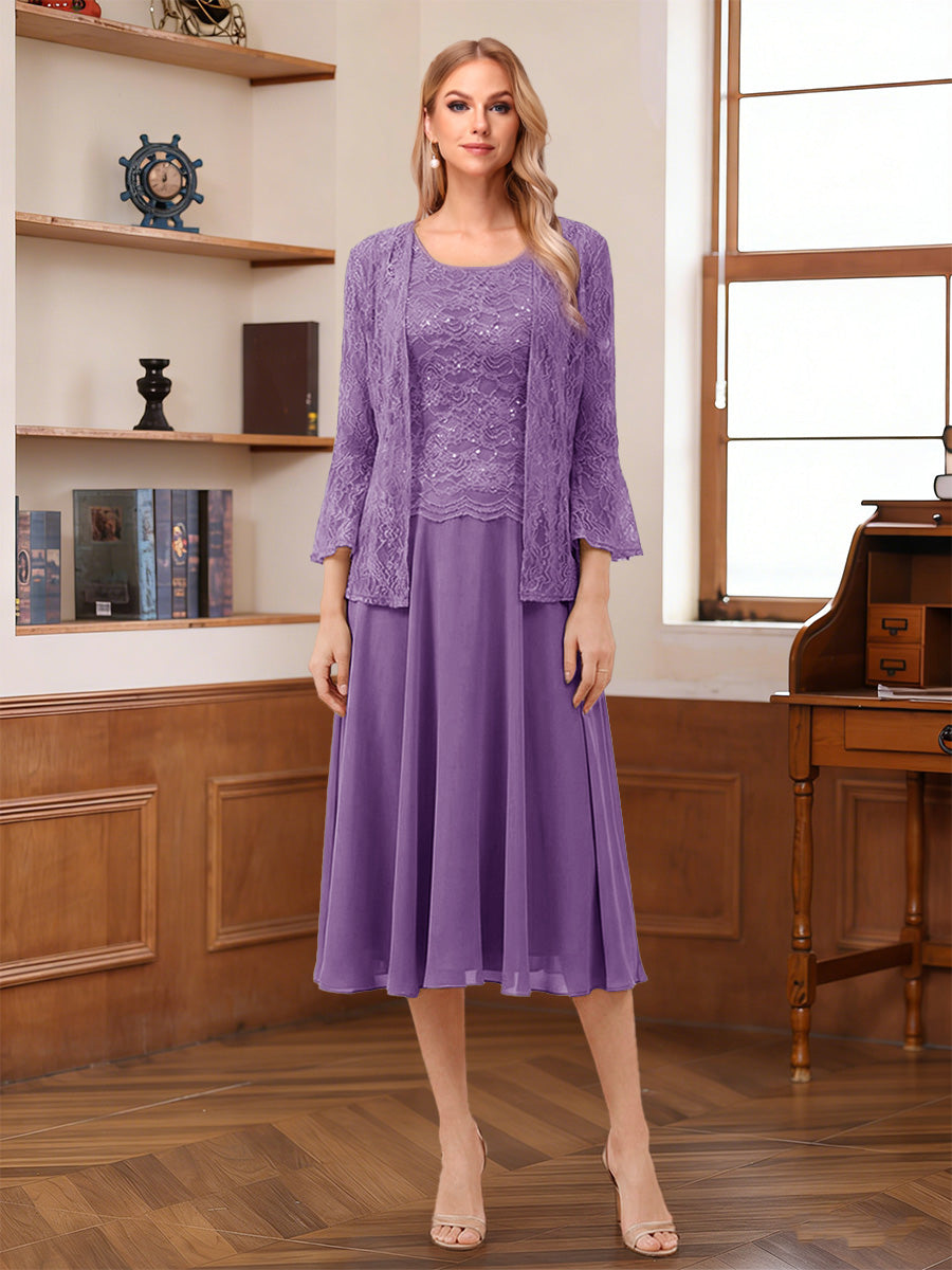 A-Line/Princess Scoop Sleeveless Tea-Length Mother of the Bride Dresses with Lace & Jacket