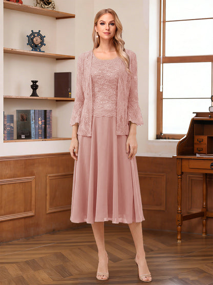 A-Line/Princess Scoop Sleeveless Tea-Length Mother of the Bride Dresses with Lace & Jacket