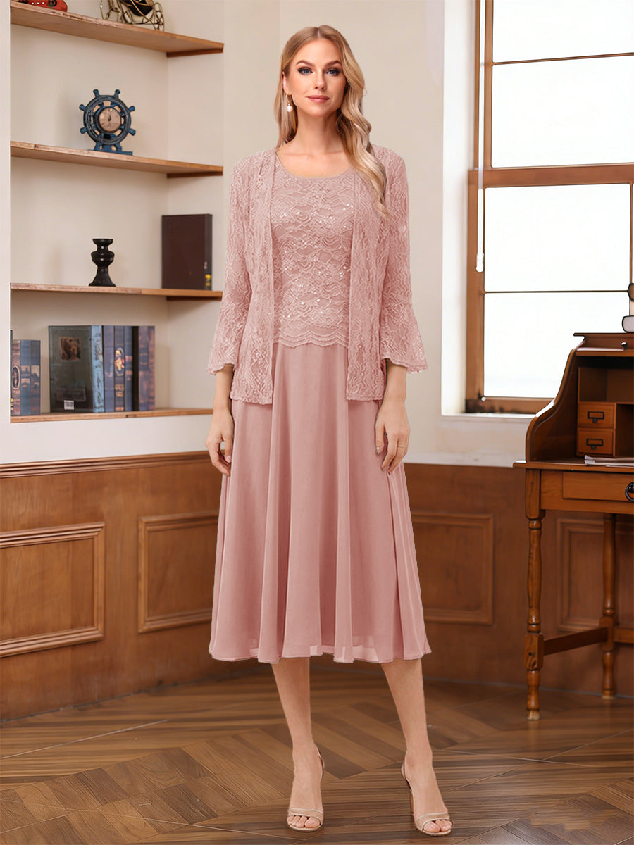 A-Line/Princess Scoop Sleeveless Tea-Length Mother of the Bride Dresses with Lace & Jacket