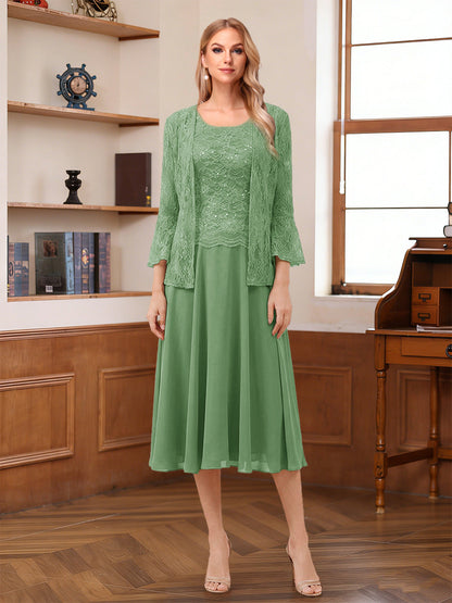 A-Line/Princess Scoop Sleeveless Tea-Length Mother of the Bride Dresses with Lace & Jacket