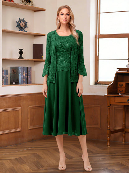 A-Line/Princess Scoop Sleeveless Tea-Length Mother of the Bride Dresses with Lace & Jacket