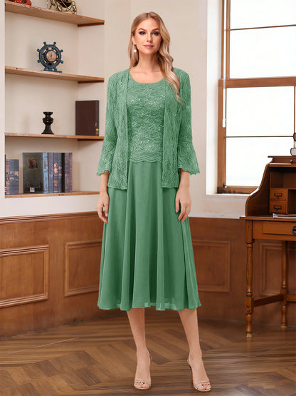 A-Line/Princess Scoop Sleeveless Tea-Length Mother of the Bride Dresses with Lace & Jacket