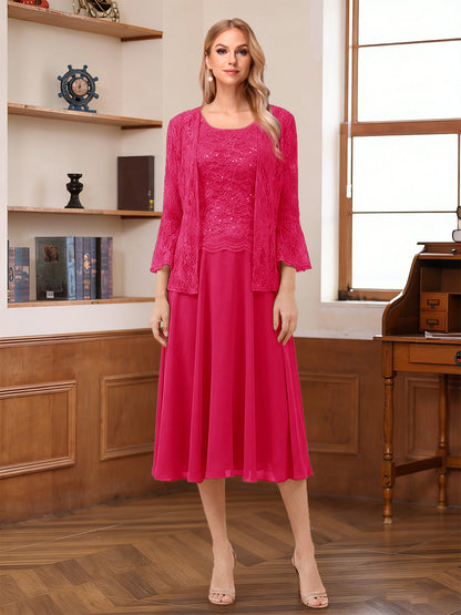 A-Line/Princess Scoop Sleeveless Tea-Length Mother of the Bride Dresses with Lace & Jacket