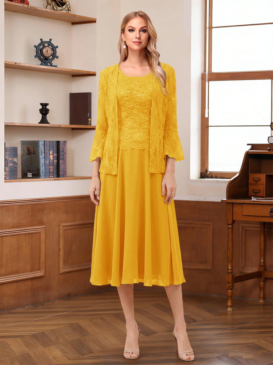 A-Line/Princess Scoop Sleeveless Tea-Length Mother of the Bride Dresses with Lace & Jacket