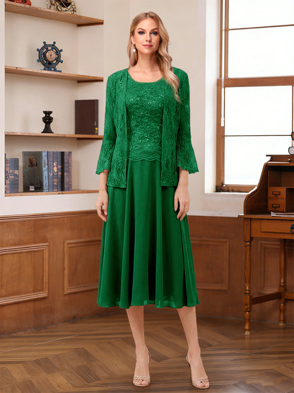 A-Line/Princess Scoop Sleeveless Tea-Length Mother of the Bride Dresses with Lace & Jacket