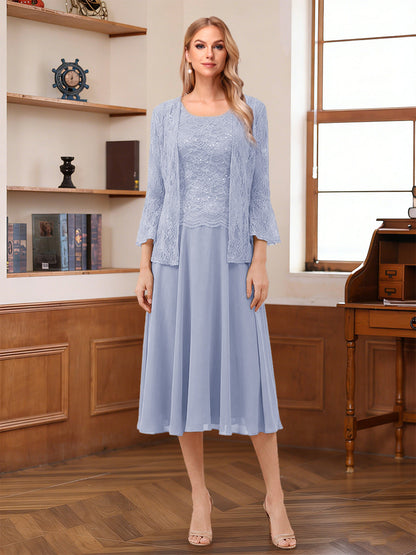 A-Line/Princess Scoop Sleeveless Tea-Length Mother of the Bride Dresses with Lace & Jacket
