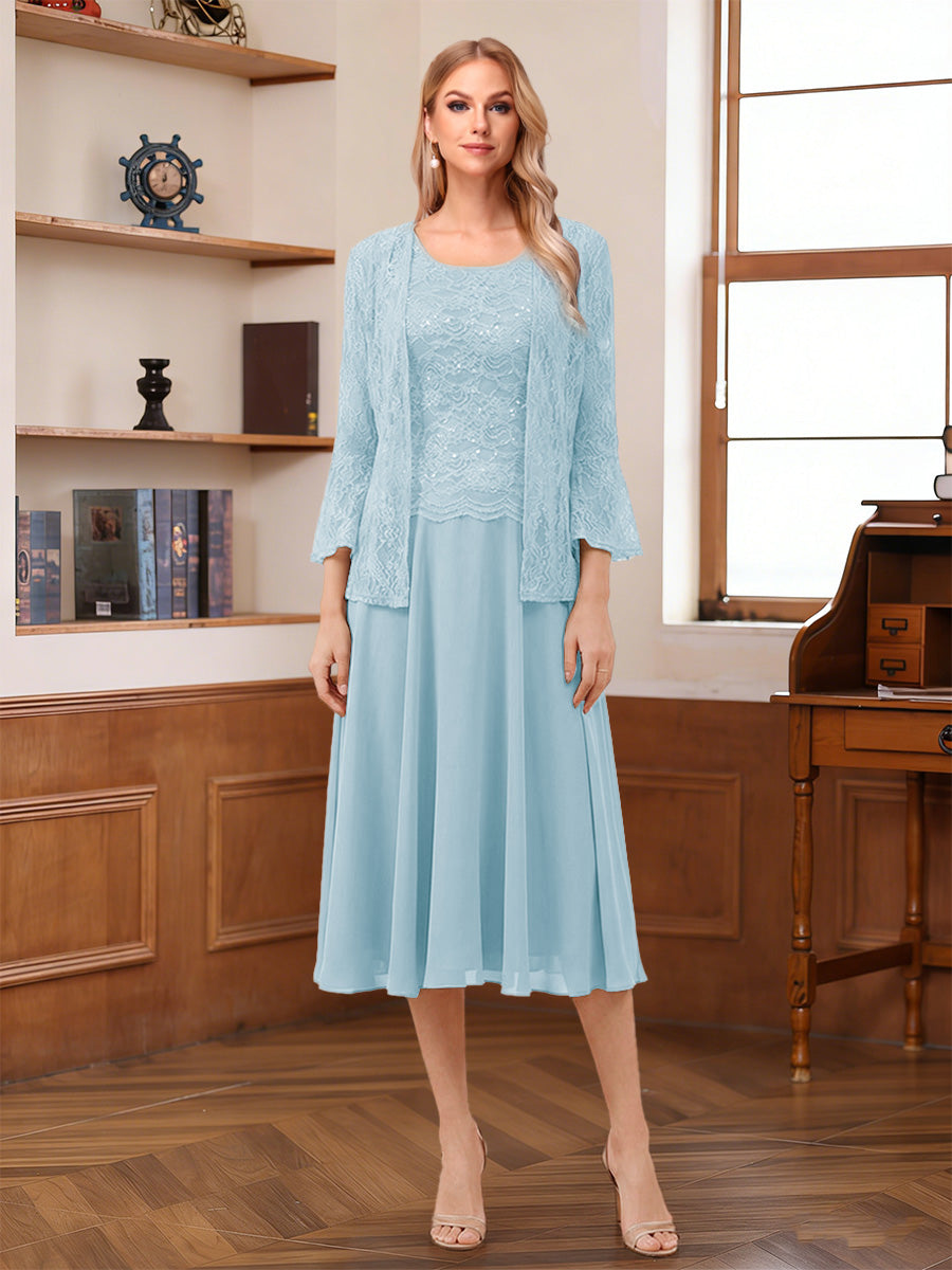 A-Line/Princess Scoop Sleeveless Tea-Length Mother of the Bride Dresses with Lace & Jacket