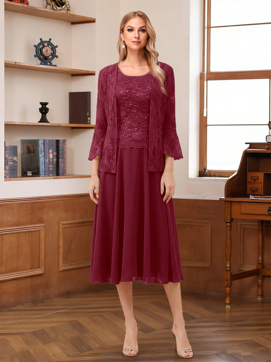 A-Line/Princess Scoop Sleeveless Tea-Length Mother of the Bride Dresses with Lace & Jacket
