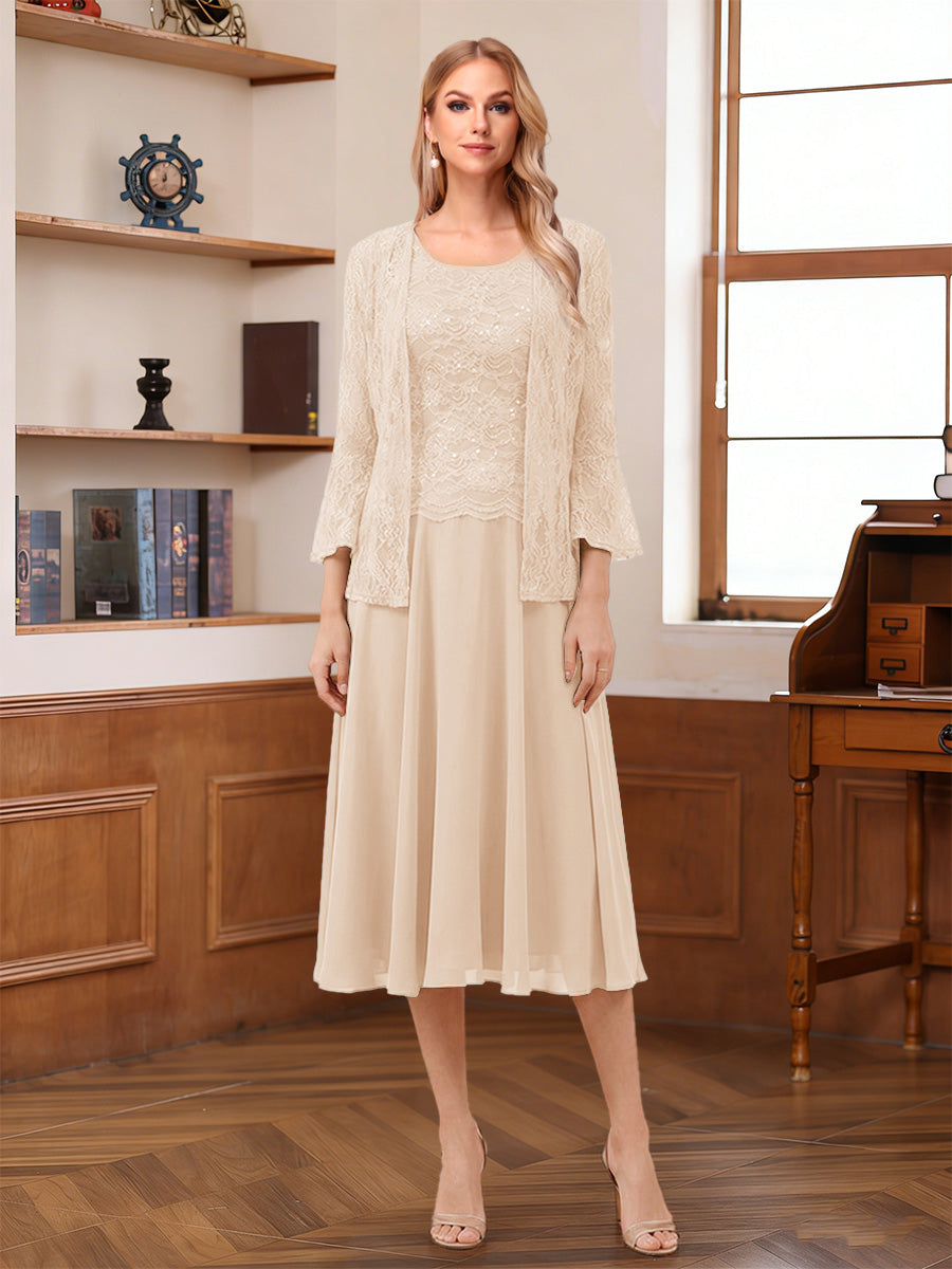 A-Line/Princess Scoop Sleeveless Tea-Length Mother of the Bride Dresses with Lace & Jacket