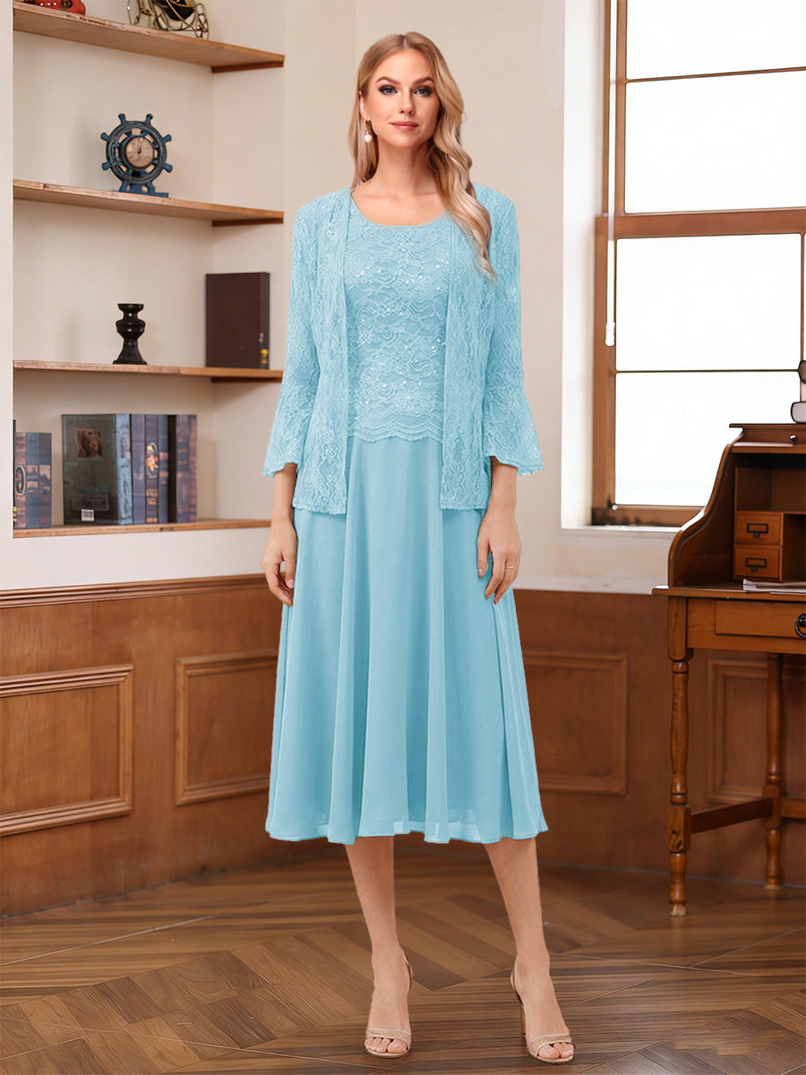 A-Line/Princess Scoop Sleeveless Tea-Length Mother of the Bride Dresses with Lace & Jacket