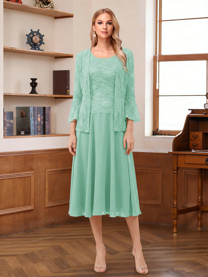 A-Line/Princess Scoop Sleeveless Tea-Length Mother of the Bride Dresses with Lace & Jacket