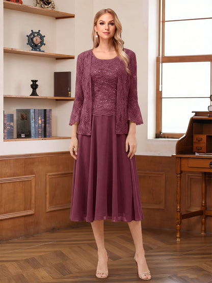 A-Line/Princess Scoop Sleeveless Tea-Length Mother of the Bride Dresses with Lace & Jacket
