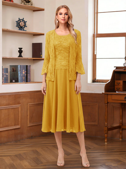 A-Line/Princess Scoop Sleeveless Tea-Length Mother of the Bride Dresses with Lace & Jacket