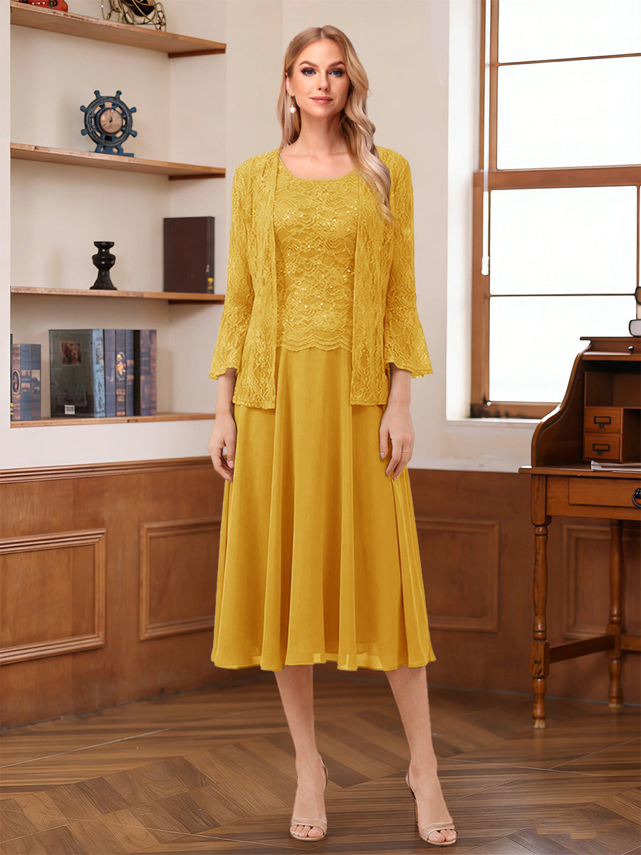 A-Line/Princess Scoop Sleeveless Tea-Length Mother of the Bride Dresses with Lace & Jacket