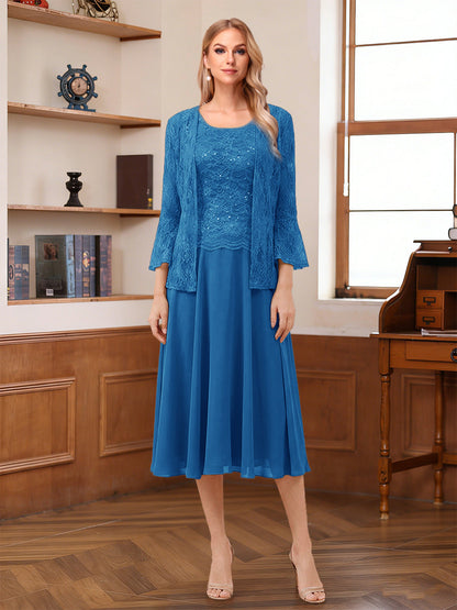 A-Line/Princess Scoop Sleeveless Tea-Length Mother of the Bride Dresses with Lace & Jacket