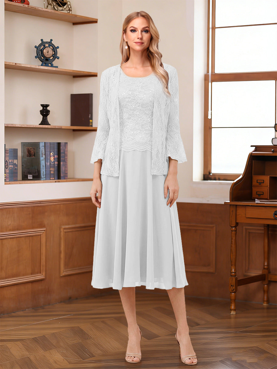A-Line/Princess Scoop Sleeveless Tea-Length Mother of the Bride Dresses with Lace & Jacket