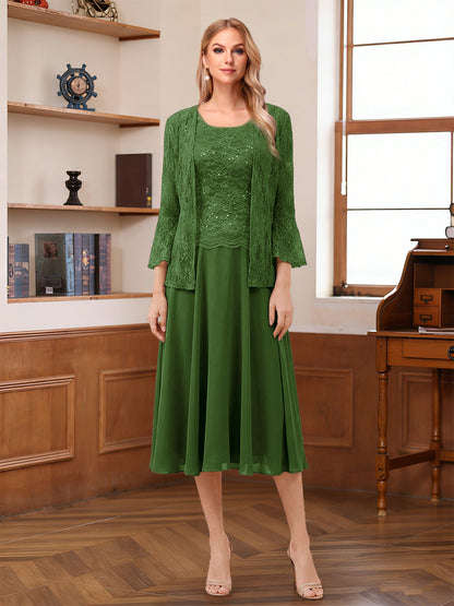 A-Line/Princess Scoop Sleeveless Tea-Length Mother of the Bride Dresses with Lace & Jacket