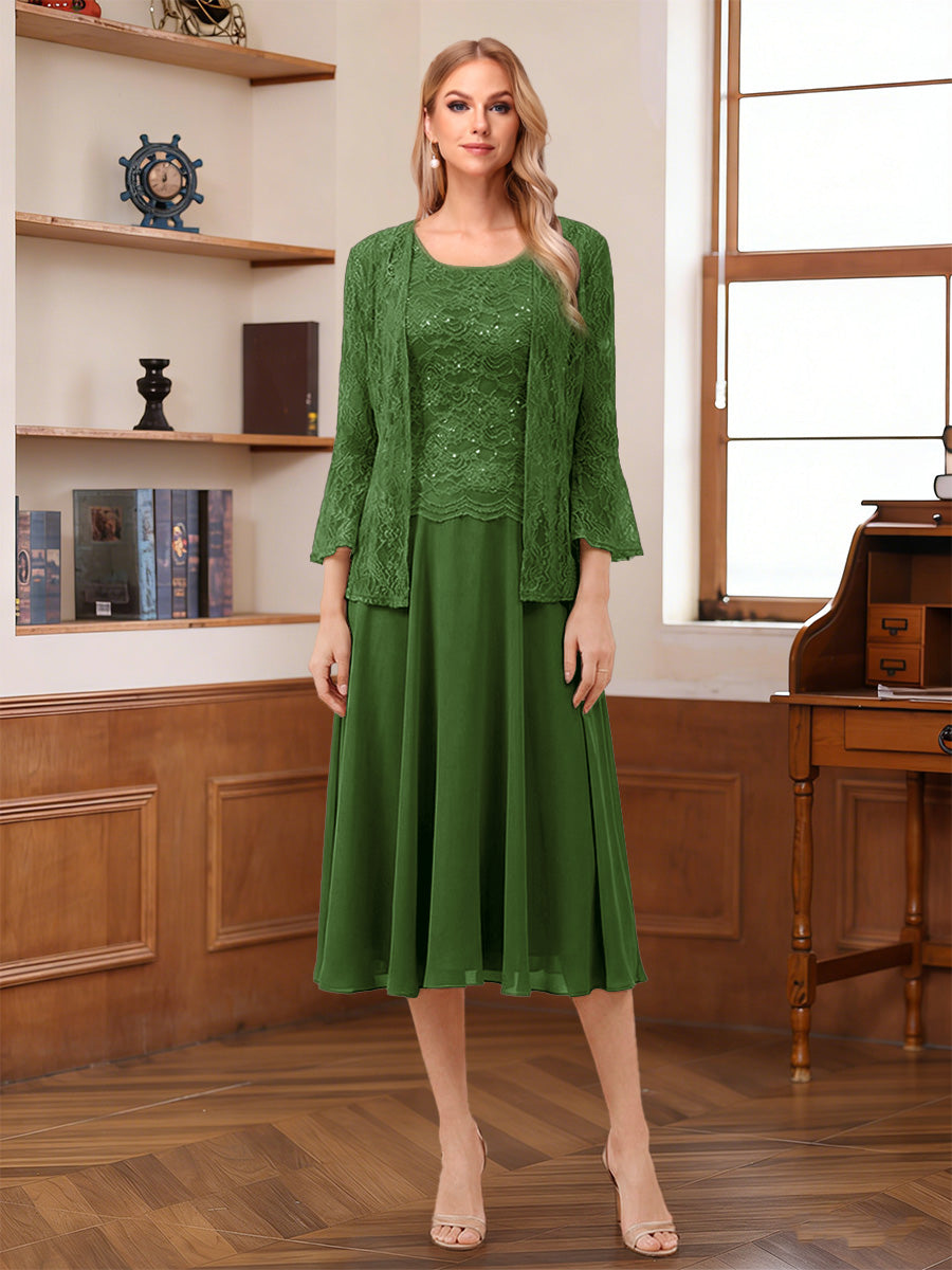 A-Line/Princess Scoop Sleeveless Tea-Length Mother of the Bride Dresses with Lace & Jacket