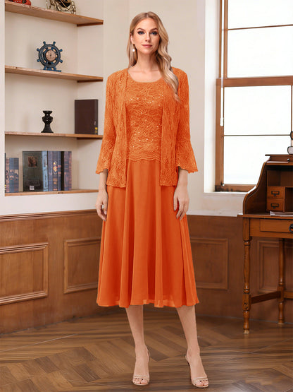 A-Line/Princess Scoop Sleeveless Tea-Length Mother of the Bride Dresses with Lace & Jacket