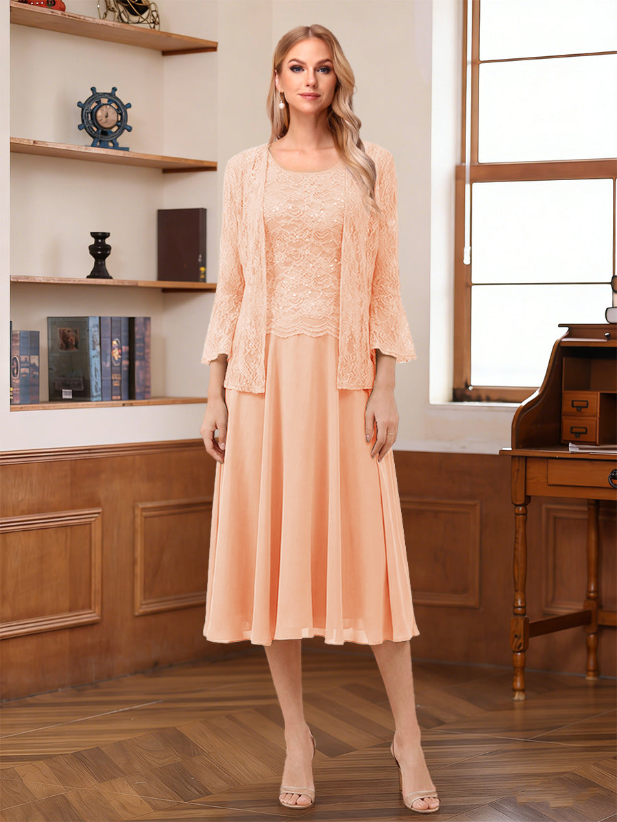 A-Line/Princess Scoop Sleeveless Tea-Length Mother of the Bride Dresses with Lace & Jacket