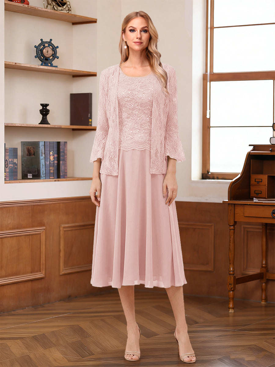 A-Line/Princess Scoop Sleeveless Tea-Length Mother of the Bride Dresses with Lace & Jacket